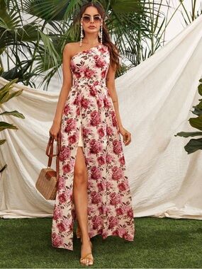 SHEIN One Shoulder Pink Floral Maxi Dress Size Medium